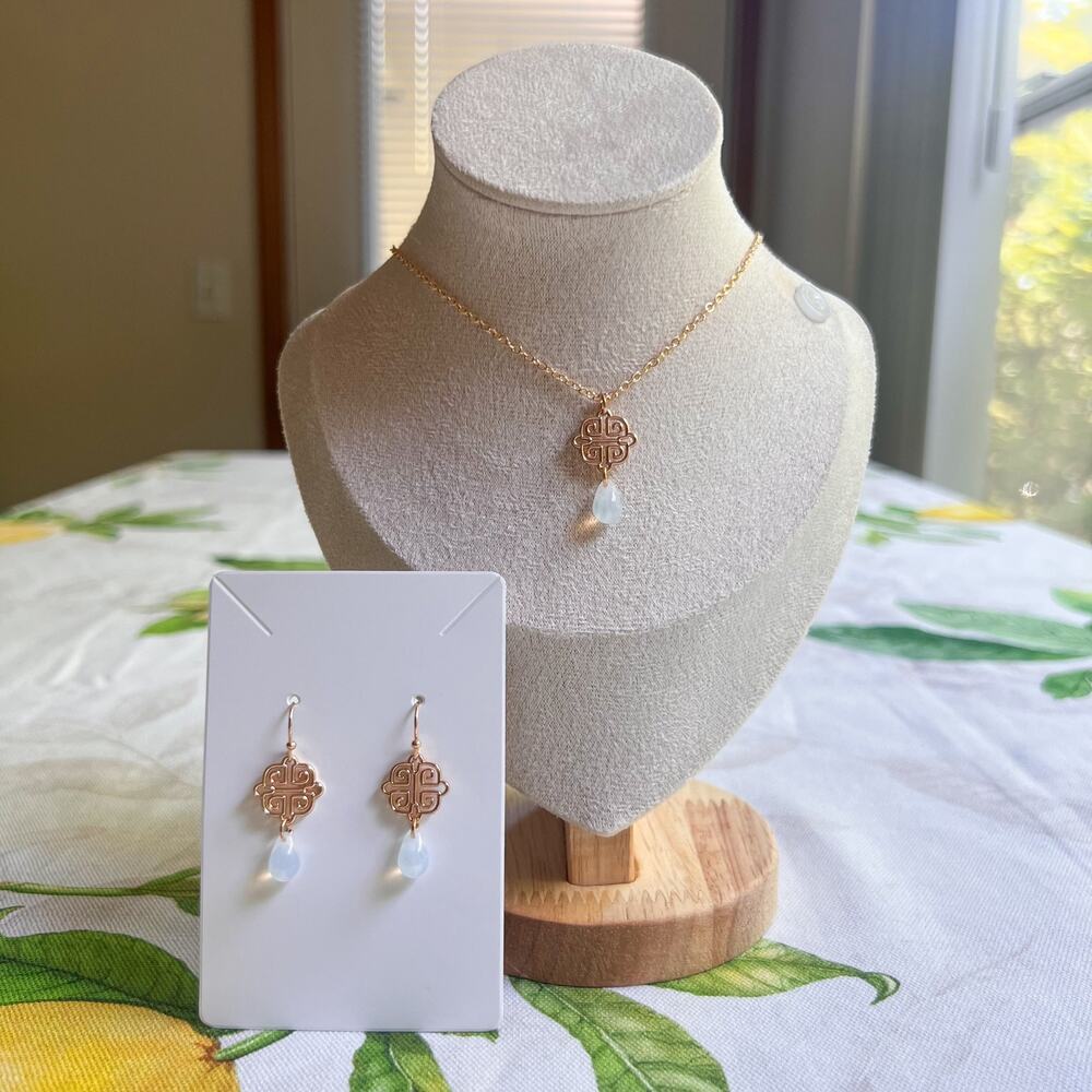 Moonstone Asian Knot Czech Glass Jewelry Set, Opalescent Tibetan Casual Set